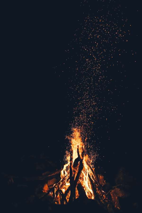 fogueira, fogo, faíscas, noite, fora, fogão, madeira, quente,