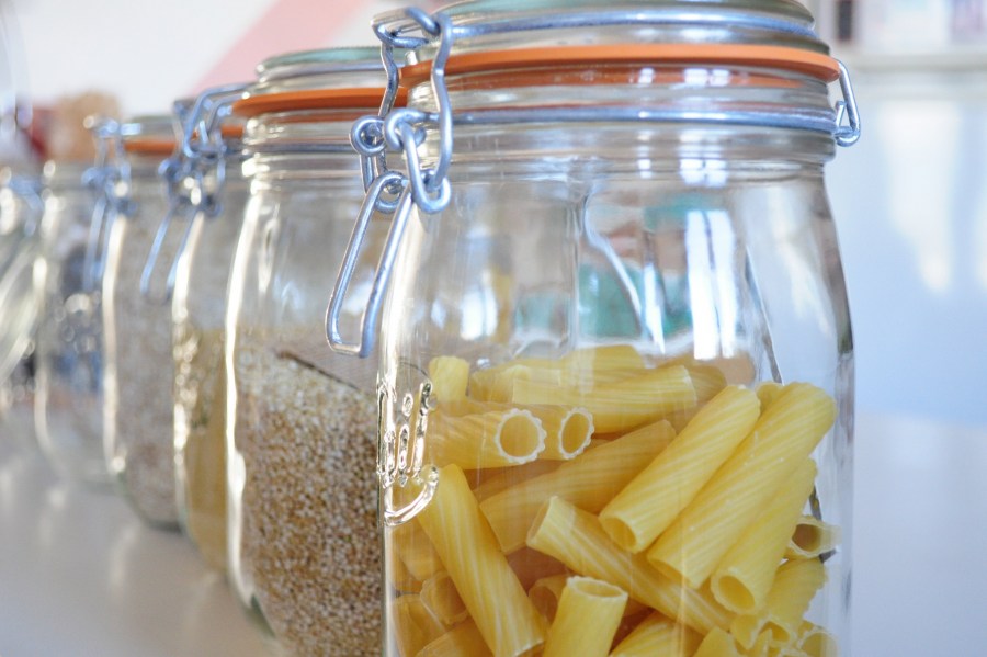 pote, jarro, vidro, despensa, refeições, secos, secos, macarrão, macarrão, arroz, hermético, cozinha, recipiente