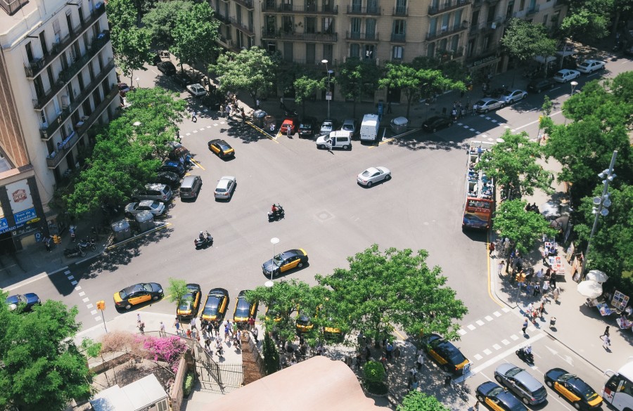 Aerea, Barcelona, Caribe, estrada, rua, transporte, ônibus, ocupado, cidade, cidade, táxi, Europa, Espanha,