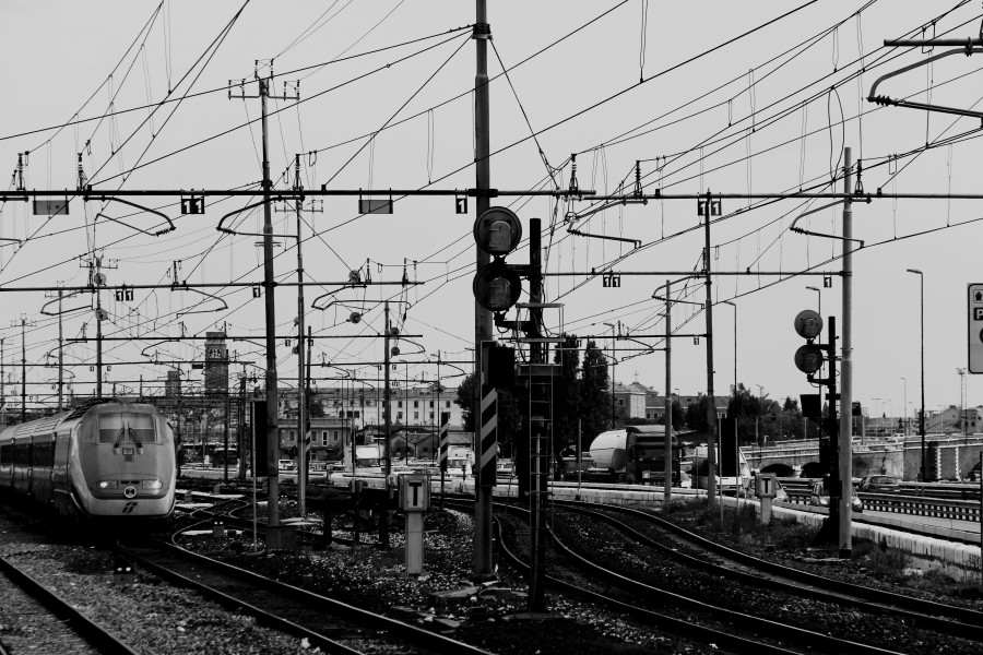 Estação de trem, via, faixas, preto e branco, trem, transporte,