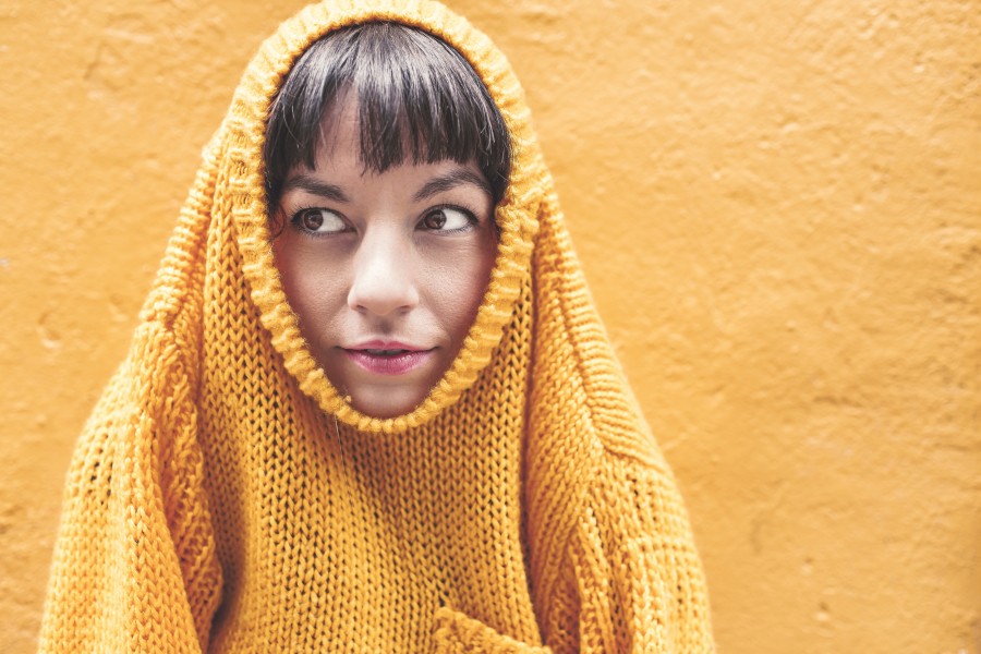 amarelo, mulher, swater, vestuário, casaco, conceito, uma pessoa, jovem, 20 anos, beleza, paredes, pintura, colorido, fundo, lã