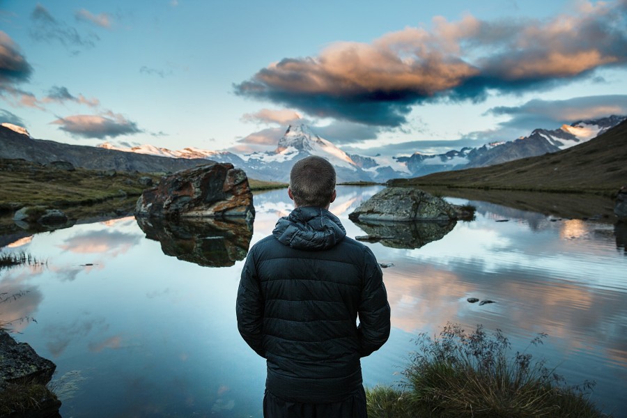 uma pessoa, pessoas, homem, procurando, lago, horizonte, paisagem, jovem, adulto, férias, viajar, viajar, montanha, inverno, país,