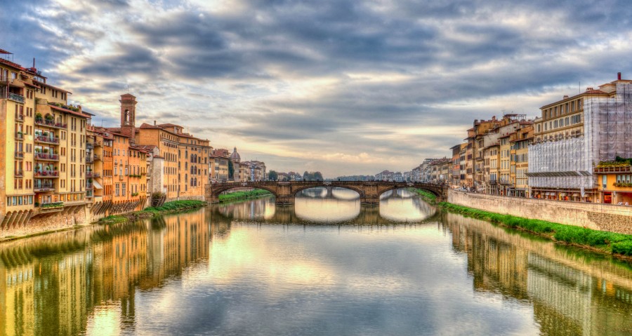 Arno, Florença, Itália, Rio, Mediterrâneo, Nuvens, Trevas, Pôr do sol, Europa, Florença, Arquitetura, Marco, Turismo, HDR