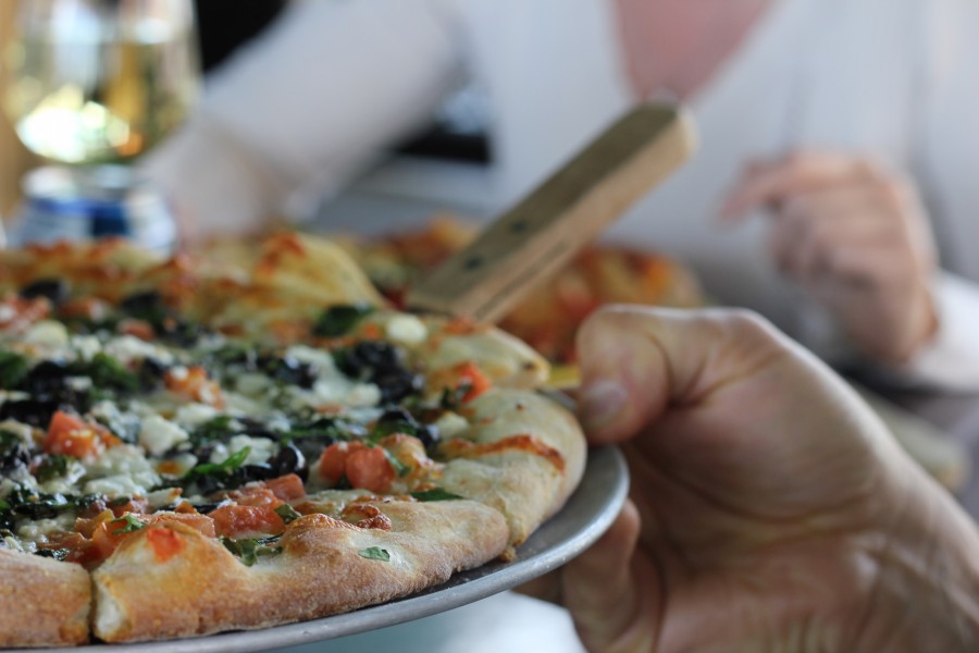 refeições, apresentação, bandeja, pizza, queijo, legumes, servir, restaurante,