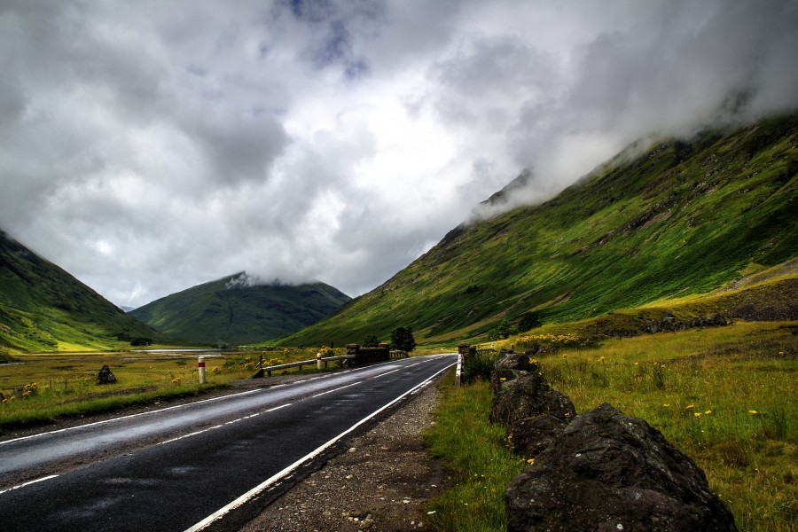 paisagem, nuvem, nuvens, nublado, montanha, estrada, rota, asfalto, chuva, mau tempo,