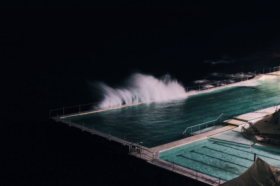 mau tempo, noite, piscina, piscina, exterior, onda, ondas, furacão,