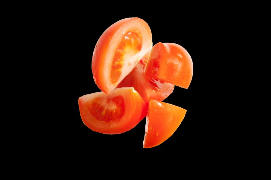 tomate, vegetais, frutas, refeições, corte, parte, peças, peça, metade, fundo preto,