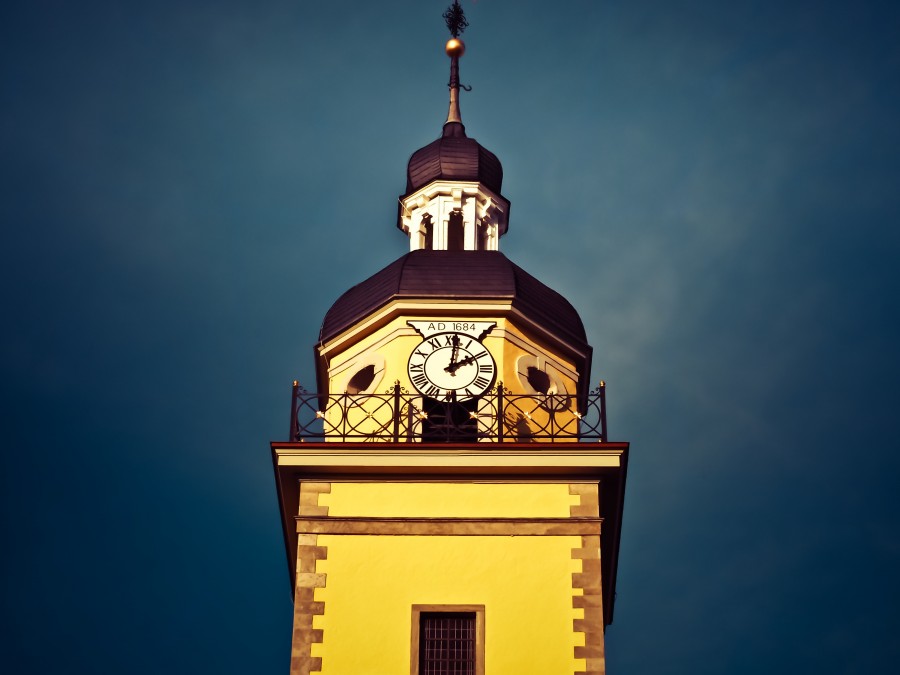 igreja, pináculo, torre clock, predios, céu, arquitetura, abendstimmung, cidade velha, düsseldorf, velho, cidade, urbano, europa, noite, alemanha,