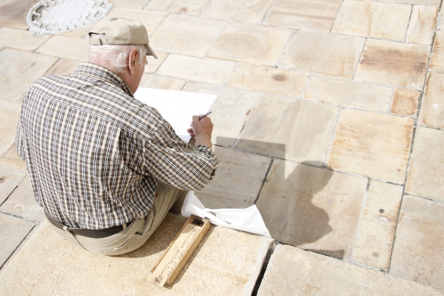 homem, homem velho, 70, anos, praça, ao ar livre, escreva, escrita, atividade, dia, desenho, quadro, painting,