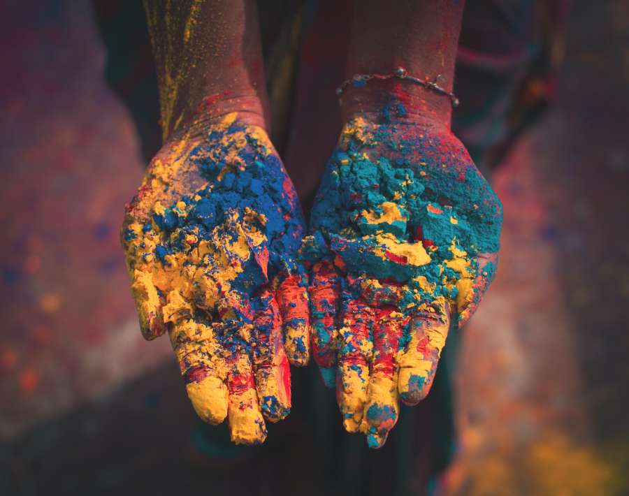 mãos, pintura, índia, pigmento, colorido, cor, amarelo, vermelho, uma pessoa, mostrando, closeup, celebração, celebração, multicolorido,