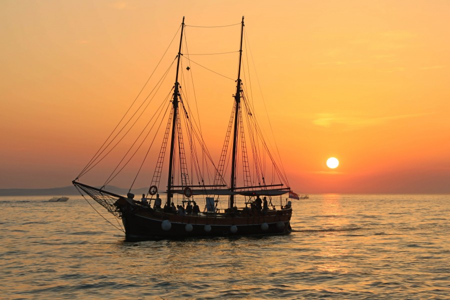 barco, veleiro, pôr do sol, paisagem, mar, oceano, vela, navegação, viagem, viagem,