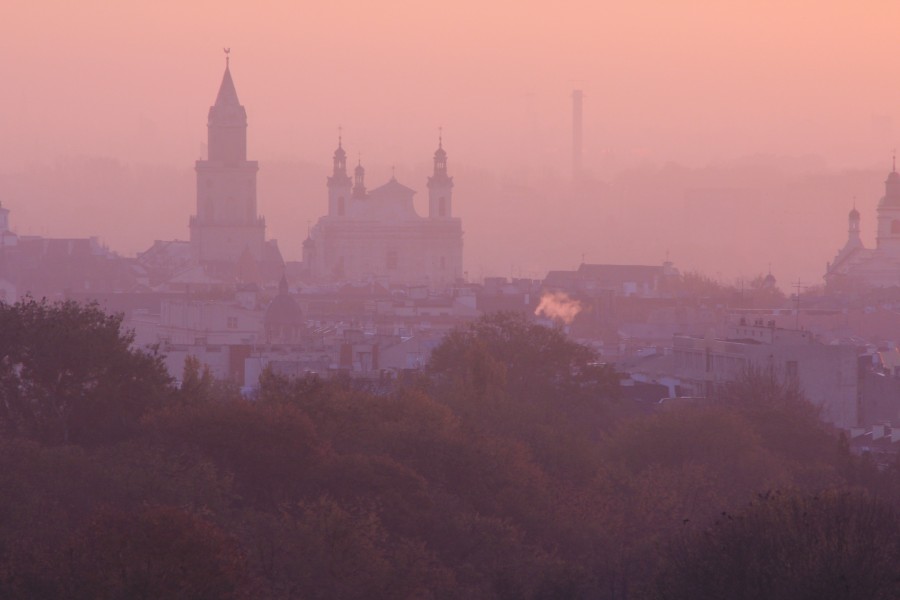 polônia, anoitecer, cidade, lublin, paisagem, avermelhado, madrugada,