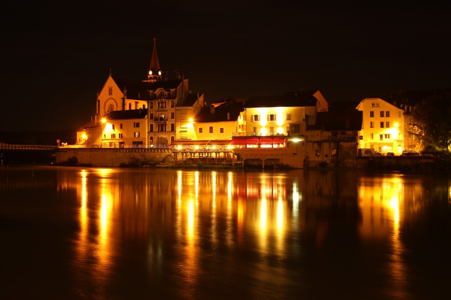 seyssel, frança, rhone, crepúsculo, noite, escuridão, luzes, iluminado, paisagem, reflexão, cantão de seyssel, paisagem