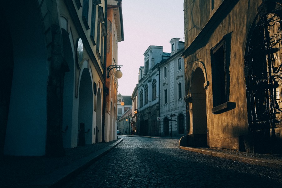 rua, cidade, dia, pôr do sol, ninguém, arquitetura, colonial, urbano, calçada,
