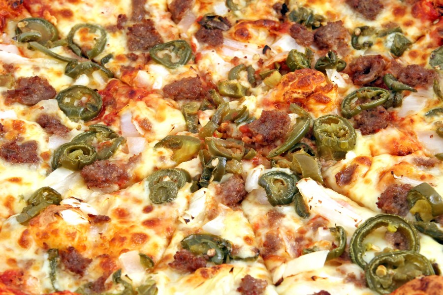 pizza, refeições, calabresa, queijo, detalhe, fundo,