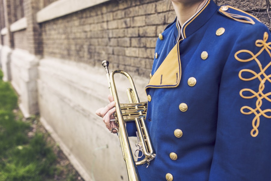 trompete, músico, man, trompetista, faixa, musical, vestido, terno, uniforme,