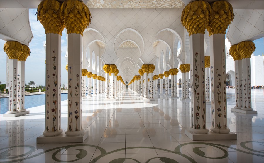 mesquita, viagem, arquitetura, ninguém, árabe, emirados árabes unidos, emirados, cidade capital, corredor, mármore, abu dhabi