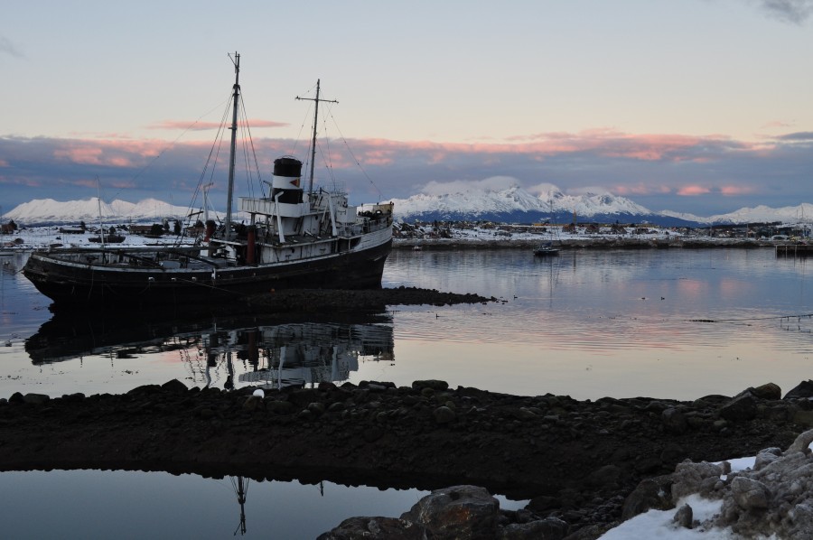 barco, pôr do sol, patagônia, sul, argentina, paisagem, inverno, inverno, frio, lago