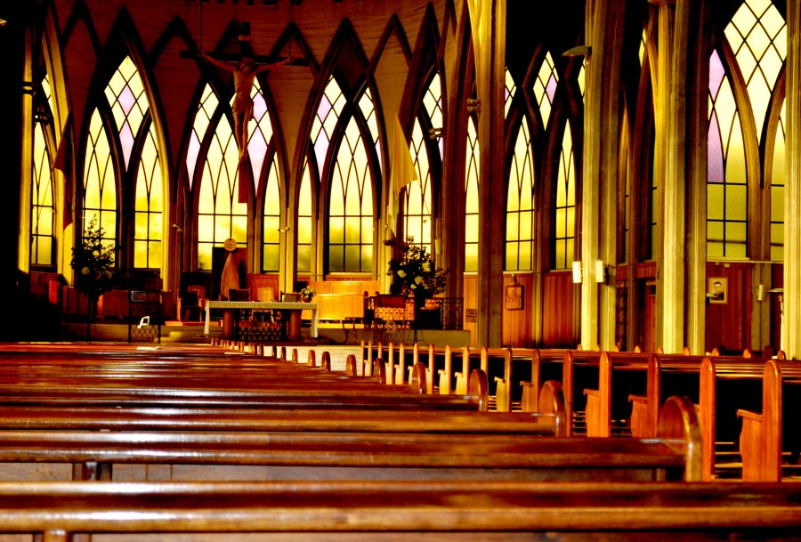 Interior, igreja, pôr do sol, religião, católico, católico, osorno, chile, madeira, banco, bancos, assento, assentos, interior