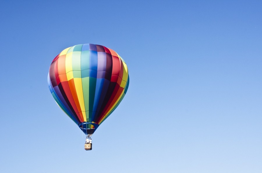 Balão de ar quente, céu azul, céu, voar, transporte, um, paisagem, dia, colorido, cores