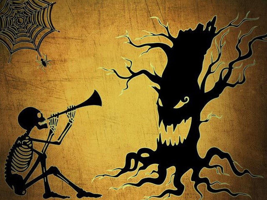 horror, cena, casa, assombrada, halloween, ilustração, morte, parka, esqueleto,
