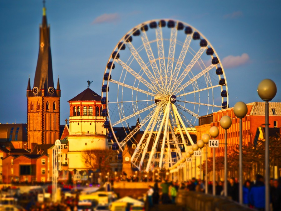 Dusseldorf, Reno, Rio, cidade, torre, castelo, roda gigante, igreja, cidade, efeito miniatura, abenddämerung, urbano, parque de diversões, roda,