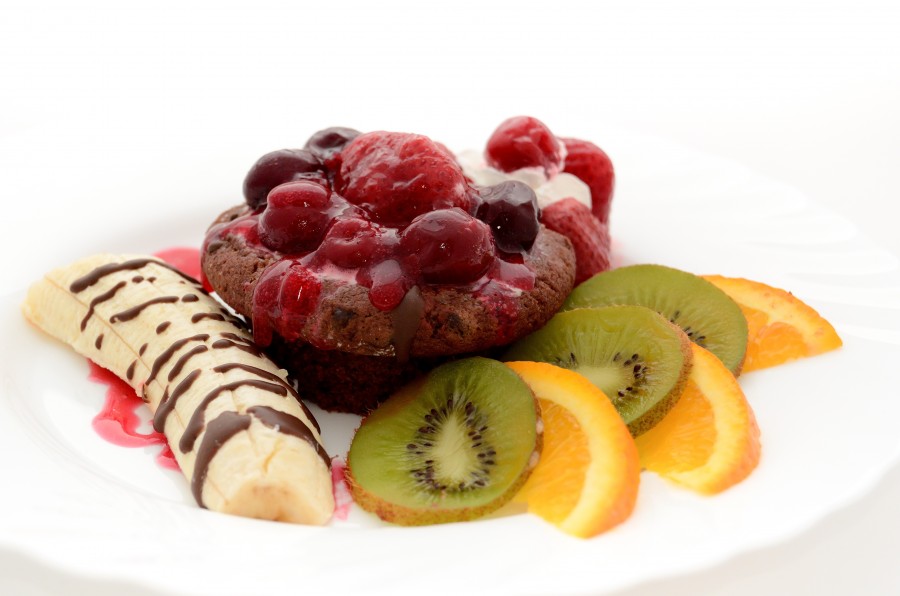 sobremesa, frutas, frutas, banana, kiwi, laranja, frutas, doces, prato, gourmet,