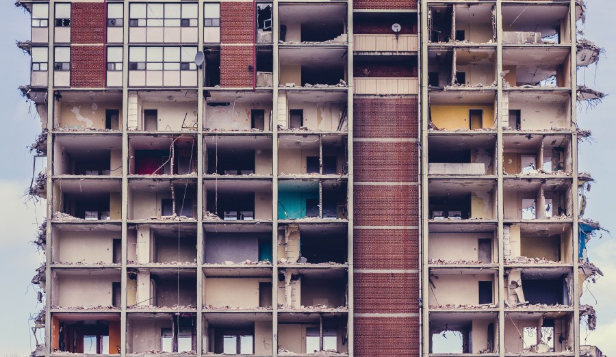 edifício, arquitetura, demolição, ninguém, vazio, velho, abandonado, quebrado, chão, andares, quadrado, geometria,