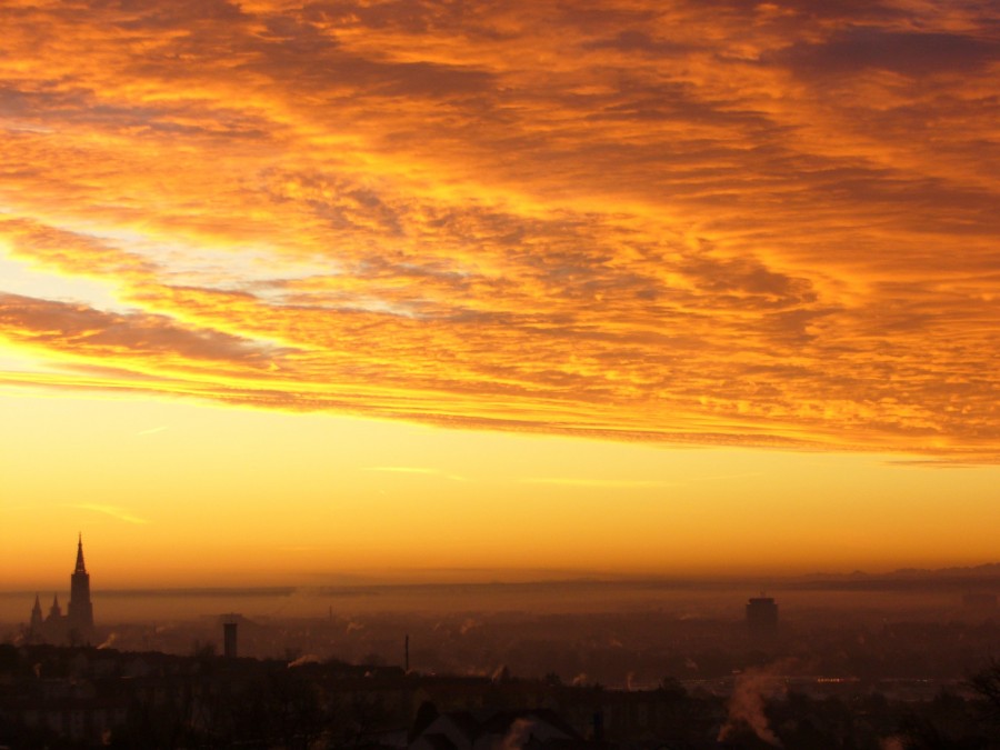 cidade, crepúsculo, morgenrot, alemanha, europa, ninguém, urbano, paisagem,