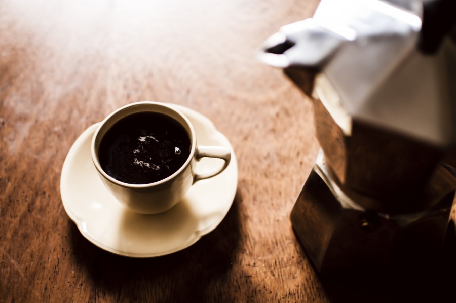 xícara, placa, porcelana, cafeteira, italiano, café, preto, pequeno-almoço, infusão, líquido, bebida, mesa de madeira, cromo, bem