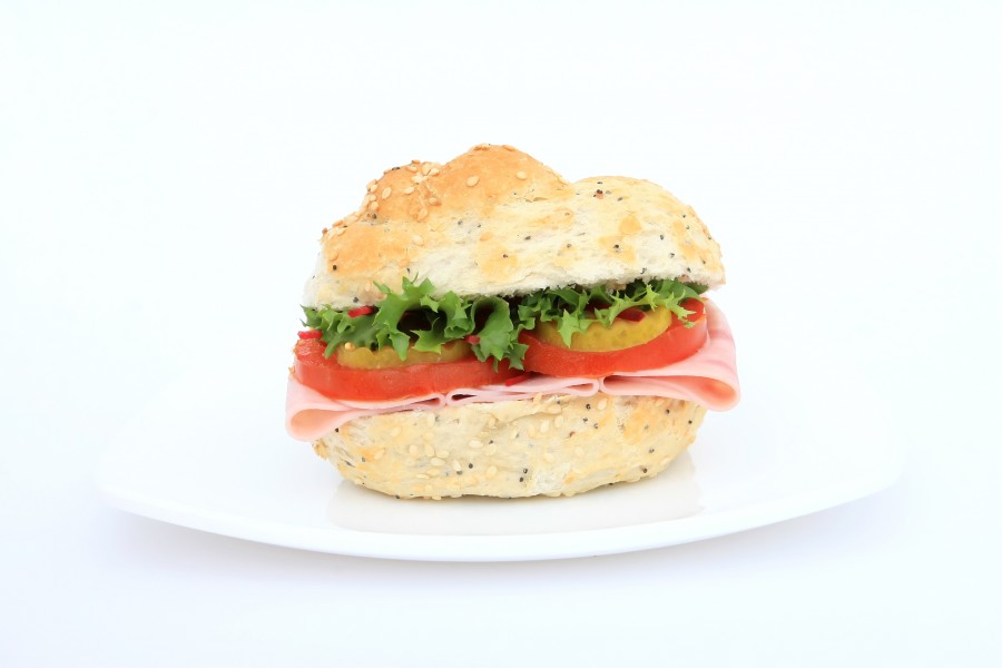 sanduíche, presunto, queijo, tomate, fundo branco, placa, refeições,