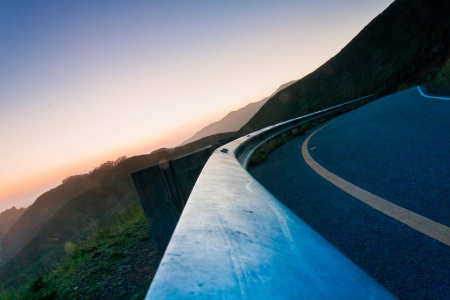 rota, estrada, pôr do sol, guardrail, paisagem, montanha, curva,