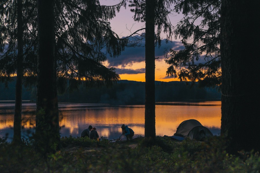 acampamento, tenda, floresta, pôr do sol, grupo, amigos, amizade, viagem, viagem, família, pessoas, lago, camping, atividade, ao ar livre, recreação,