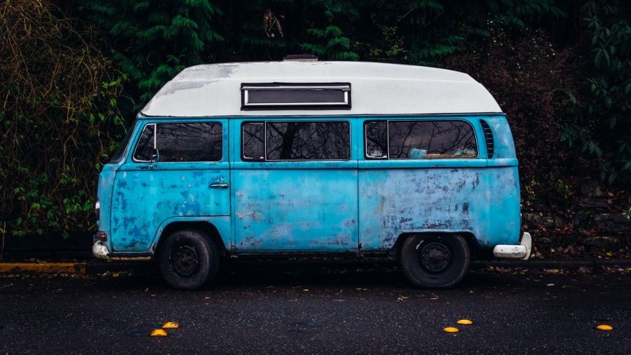 Van, van, transporte, vintage, velho, azul, luz azul, cor, conceito,