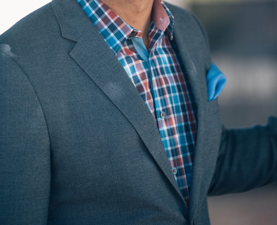 azul, casual, cheque, detalhe, jaqueta, homem, xadrez, bolso, bolso quadrado, camisa, elegante, estilo, moda,