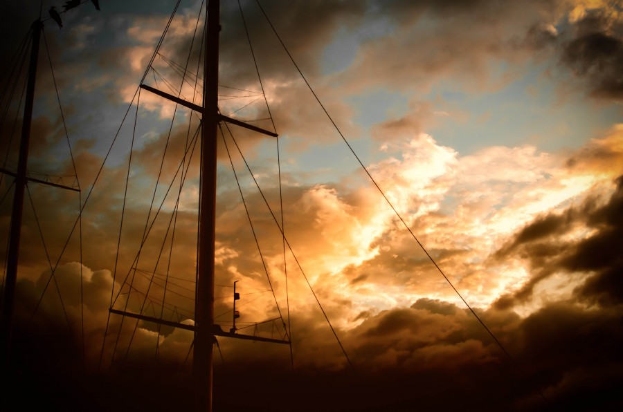 veleiro, barco, vela, vara, céu, pôr do sol, idílico, ninguém, navegar, navegação, mar, transporte, madeira,