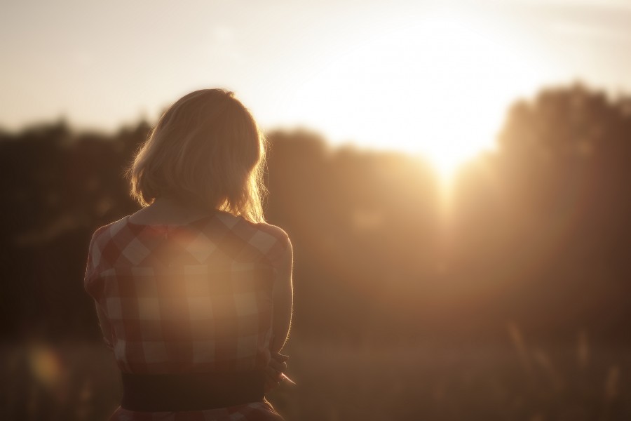 um, pessoa, moda, pessoas, mulher, pôr do sol, loura, frente, vista, pôr do sol, camisa, vindima, jovem, horizon,