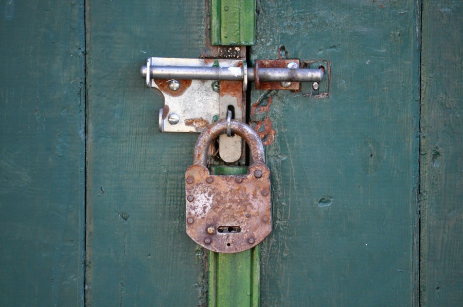Cadeado, portas, fechado, perto, oxidado, oxidado, verde,