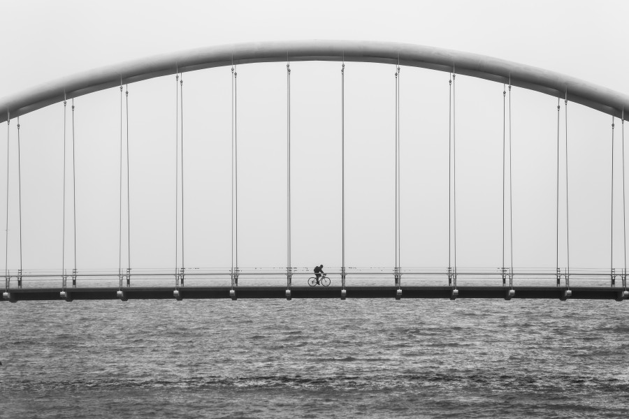arquitetura, ponte, urbano, paisagem, perspectiva, preto e branco, ciclismo, bicicleta, uma pessoa, homem,