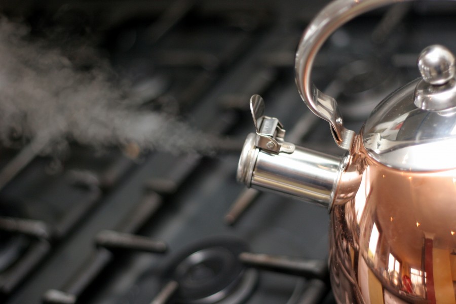 chaleira, chaleira, fogão, utensílio, objeto, metal, metal, água, ferver, ferver, vapor, temperatura,