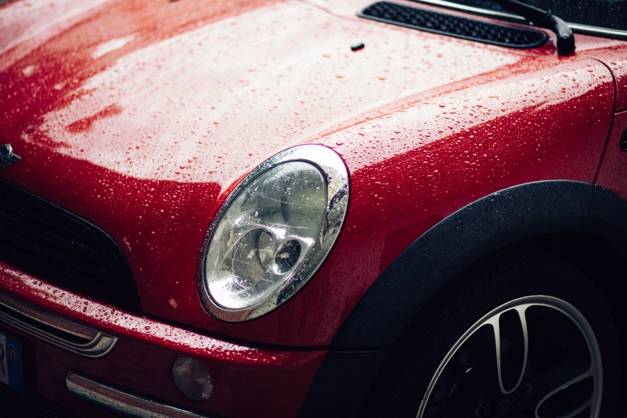 mini cooper, auto, vermelho, chuva, molhado, carro, carro, transporte,