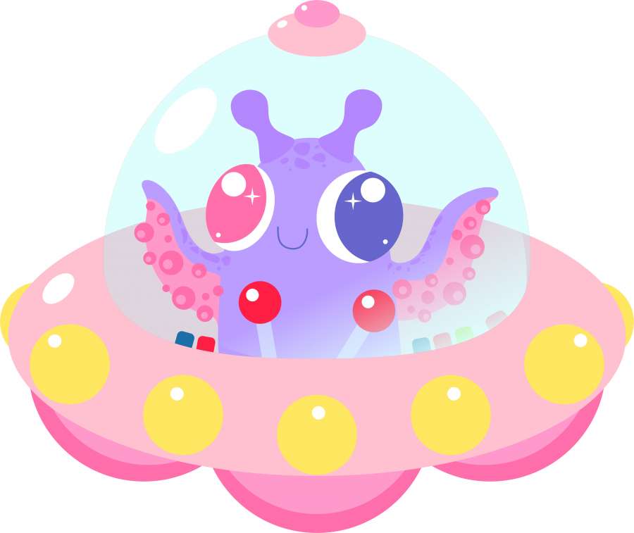 UFO, Pires, voando, estrangeiro, alienígena, marciano, espaço, universo, estrela, estrelas, rosa, rosa, violeta, lilás, amarelo, bonito, muito, kawaii, céu, cor, cores, mágicas, nebulosa, noite, planetas, anos, luz, antenas, olhos, grandes, papéis de parede kawaii