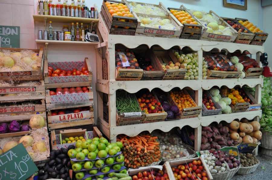 verdureiro, interior, vegetal, legumes, refeições, refeições, frutas, comercial, frente, empilhado, empilhados, P12062014